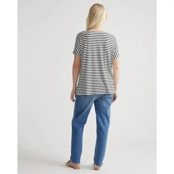 Quince Bamboo Jersey Maternity V-Neck Tee Top Striped Black White M - Picture 2 of 10